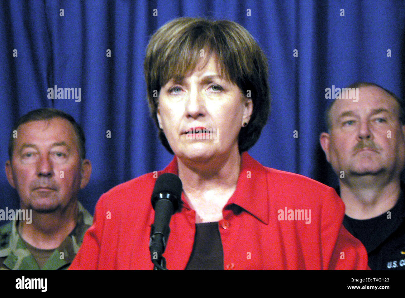 Louisiana Gov. Kathleen Blanco, backed by (L-R), General Arnceno, LA National Guard and Vice Adm. Thad Allen, Director of FEMA Field Operations, hold a joint press conference in Baton Rouge, LA on September 22, 2005 to warn residents of Lake Charles and southern Louisiana to evacuate before Hurricane Rita makes landfall.   (UPI Photo/James Terry III) Stock Photo