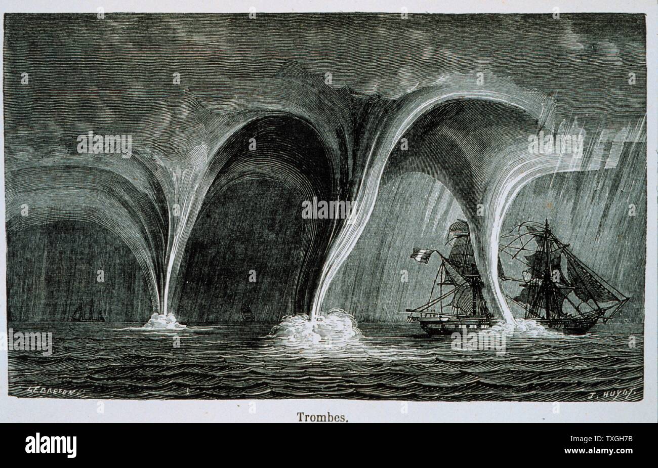 Illustration of the 'Trombes' sailing vessel in hurricane conditions, from 'Les Meteores'. Dated 1869 Stock Photo