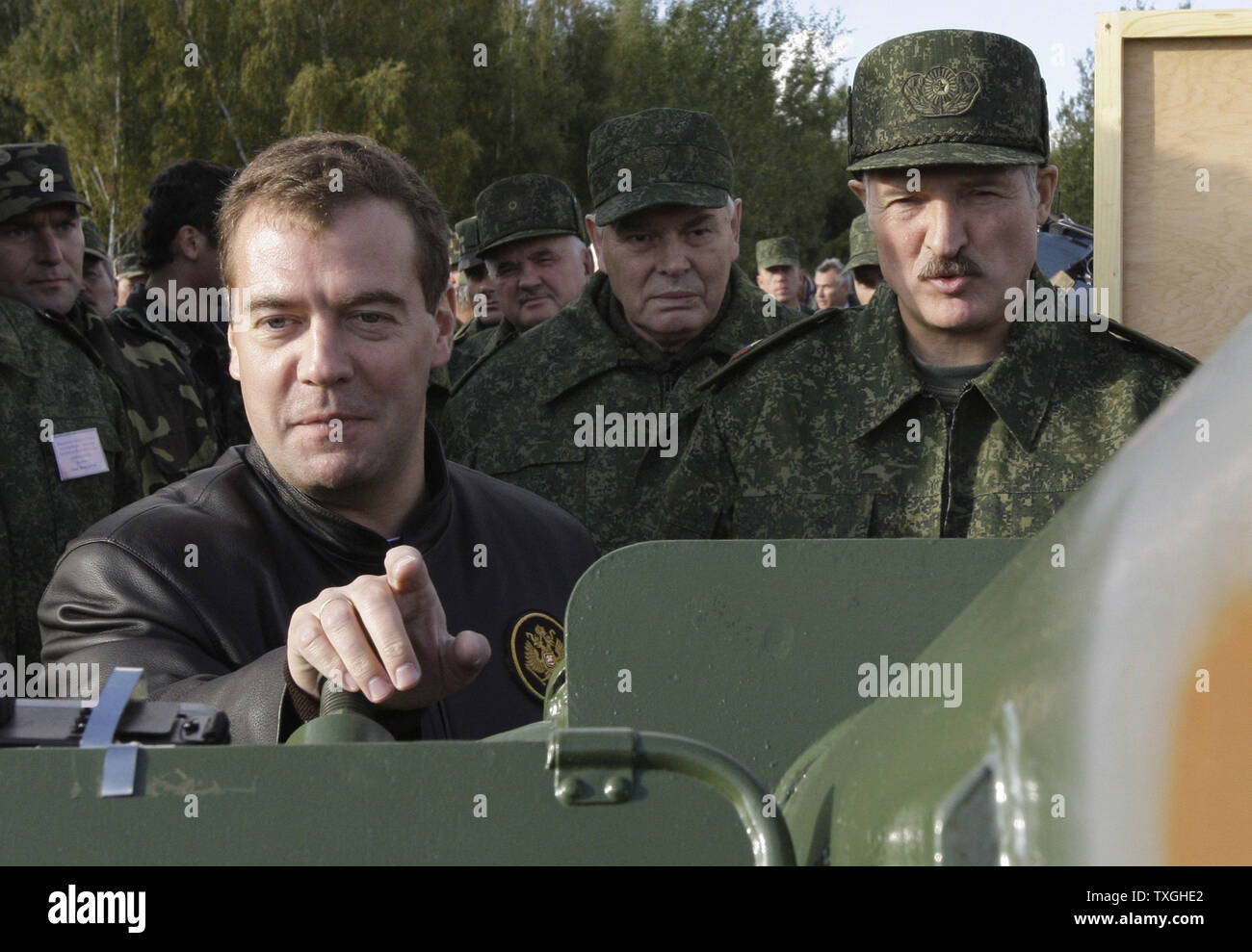 Russian President Dmitry Medvedev (L) and Belorussian President Alexander Lukashenko inspect prototype military equipment at Belarusian 61th Air Base during the final stage of Zapad-2009 (West 2009) Russian-Belarus joint military exercises near Brest in western Belarus on September 29, 2009. UPI/Anatoli Zhdanov Stock Photo