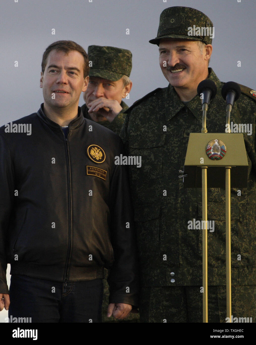 Russian President Dmitry Medvedev (L) and Belorussian President Alexander Lukashenko review the troops after observing the final stage of Zapad-2009 (West 2009) Russian-Belarus joint military exercises at at Obuz-Lesnovsky training range near Brest in western Belarus on September 29, 2009. UPI/Anatoli Zhdanov Stock Photo