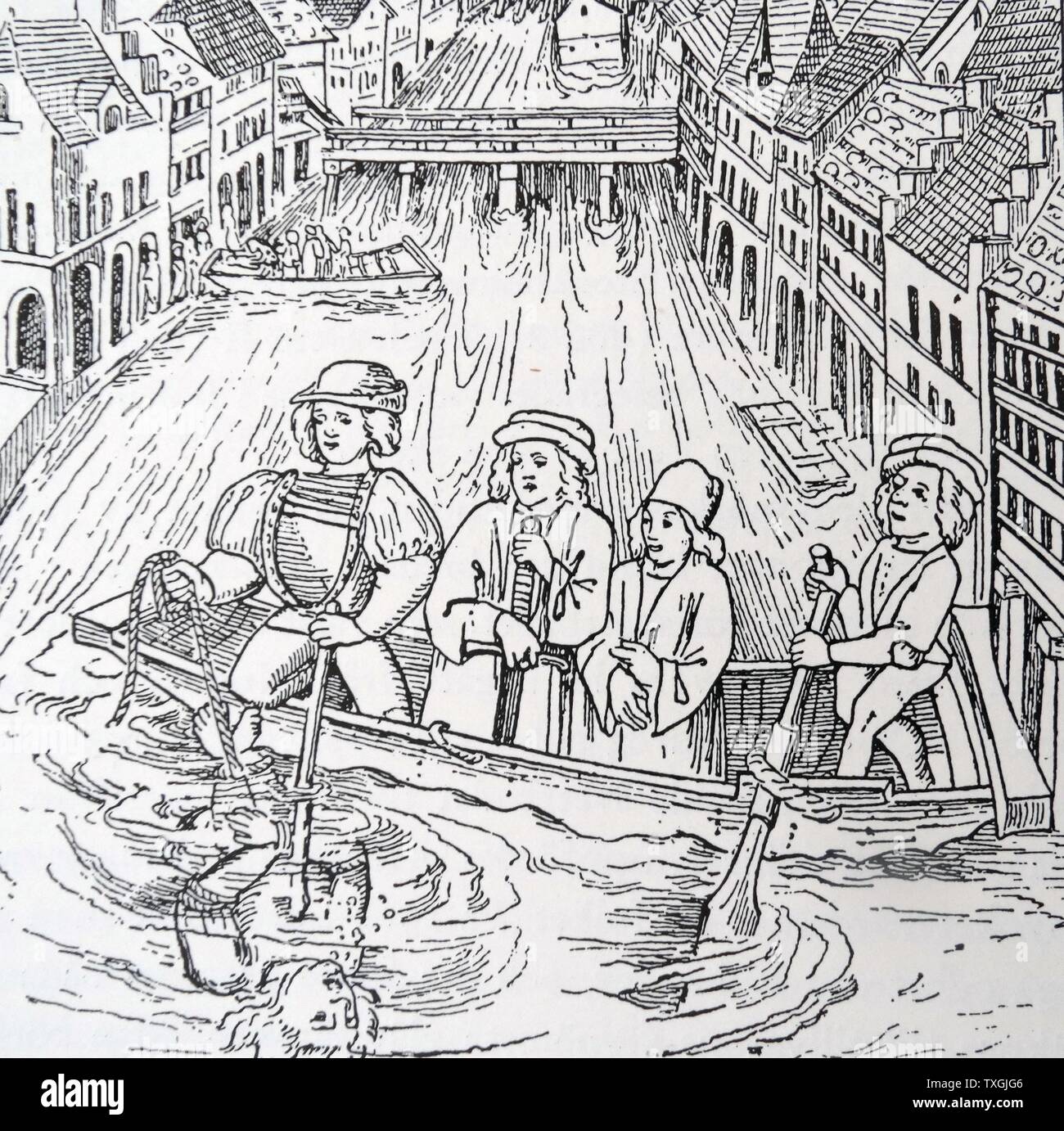 Woodblock print depicting drowning as a form of punishment during 15th Century  Switzerland. Dated 15th Century Stock Photo
