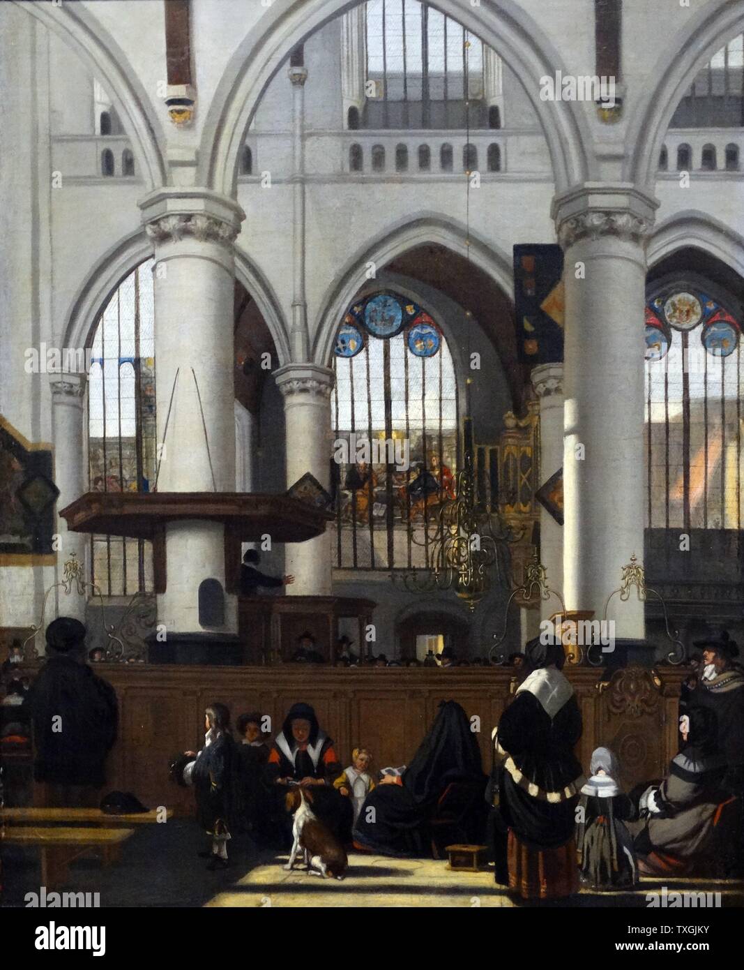 Painting titled 'The Interior of the Oude Kerk Amsterdam, during a Sermon' by Emanuel de Witte (1617-1692) a Dutch perspective painter. Dated 17th Century Stock Photo