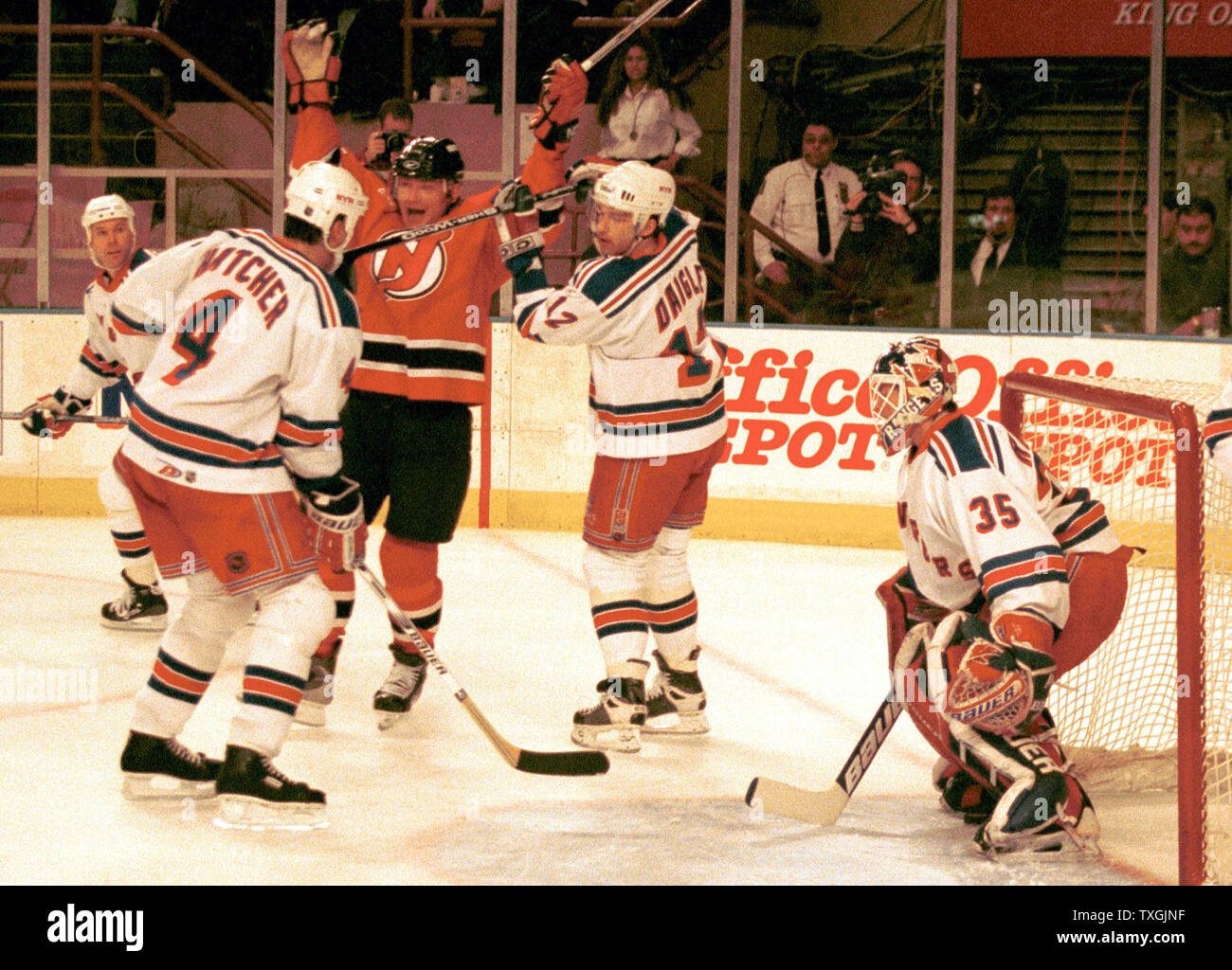 NYP2000020301 - 03 FEBRUARY 2000 - NEW YORK, NEW YORK, USA: New Jersey  Devils right wing Claude Lemieux celebrates, February 2, after scoring the  Devils second goal in the second period of