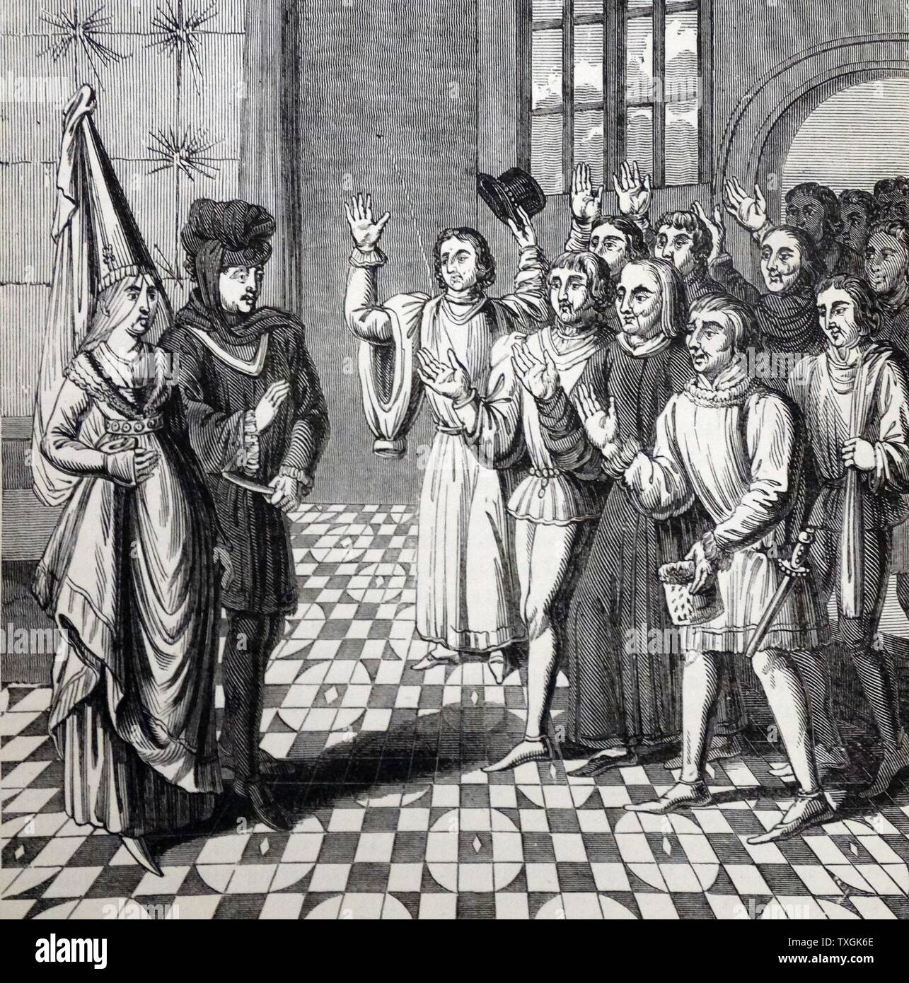 Engraving depicting the entry of King John of Montfort (1295-1345) and his Duchess Joanna of Flanders. Dated 14th Century Stock Photo