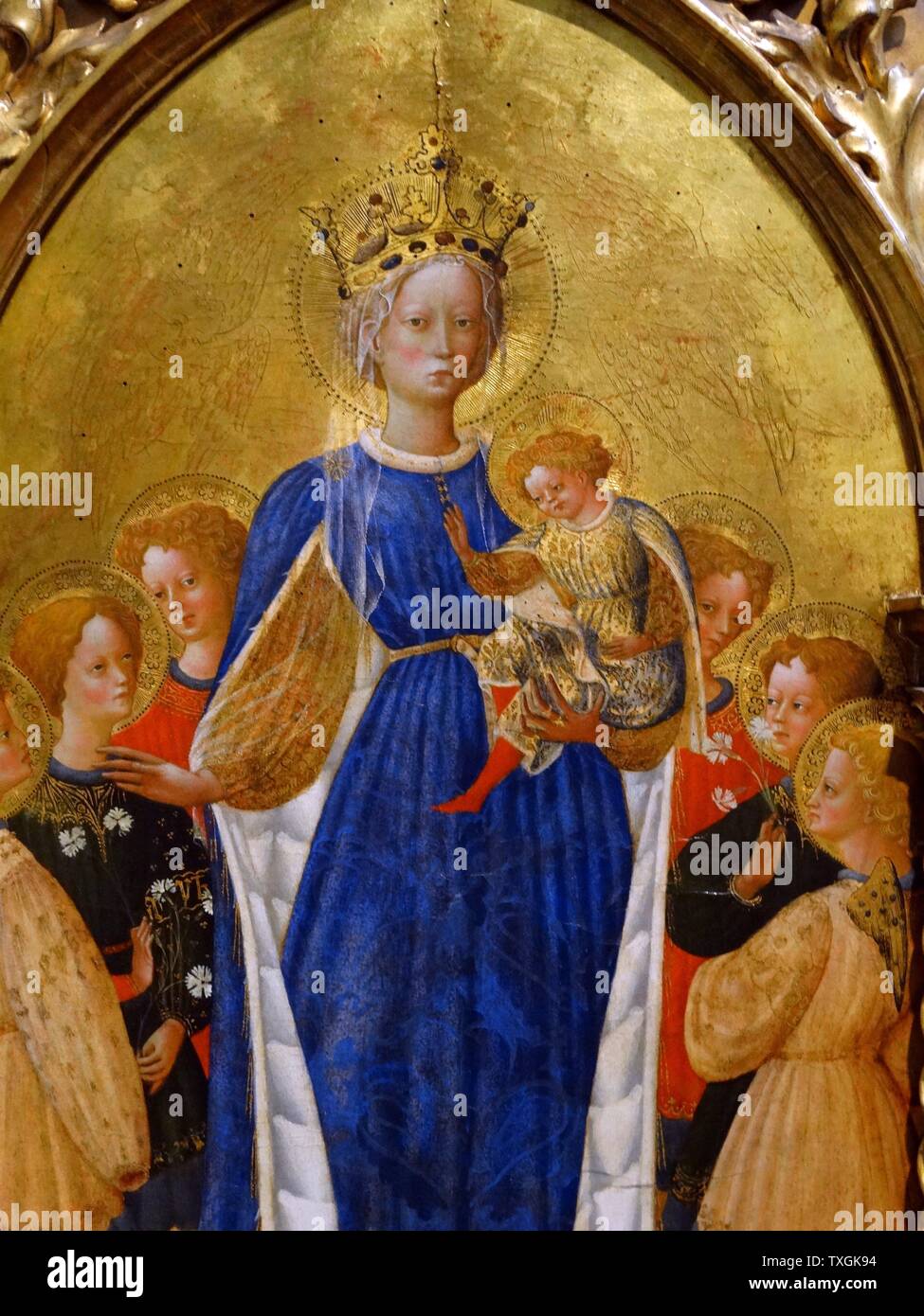 Painting titled 'The Virgin and Child with Six Angels and Two Cherubim' by Antonio di Bartolomeo Francesco (1393-1452) an Italian painter. Dated 15th Century Stock Photo