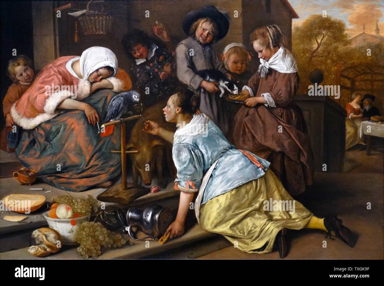 Painting titled 'The Effects of Intemperance' by Jan Steen (1626-1679) a Dutch Genre painter. Dated 17th Century Stock Photo