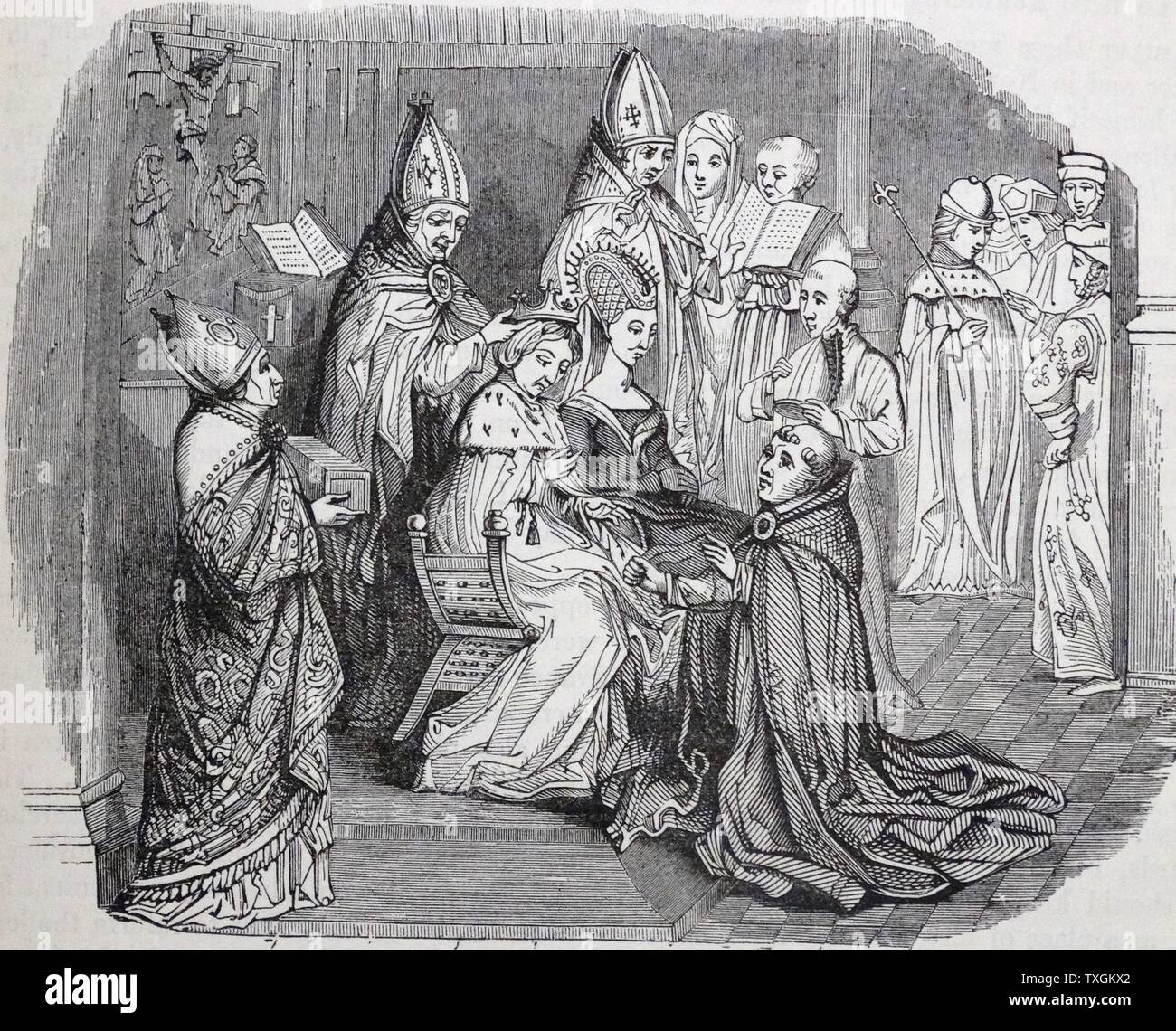 Engraving depicting the coronation of King Charles V, Holy Roman Emperor (1500-1558) and his Queen Isabella of Portugal (1503-1539). Dated 16th Century Stock Photo