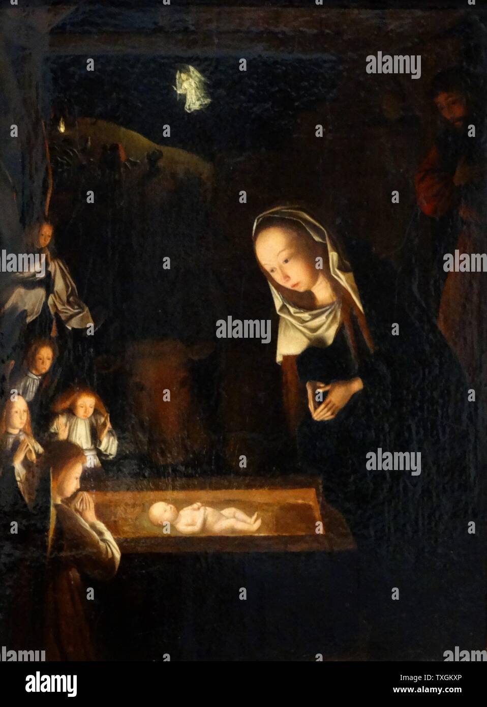 Painting titled 'The Nativity at Night' by Geertgen tot Sint Jans (1465-1495) an Early Netherlandish painter. Dated 15th Century Stock Photo