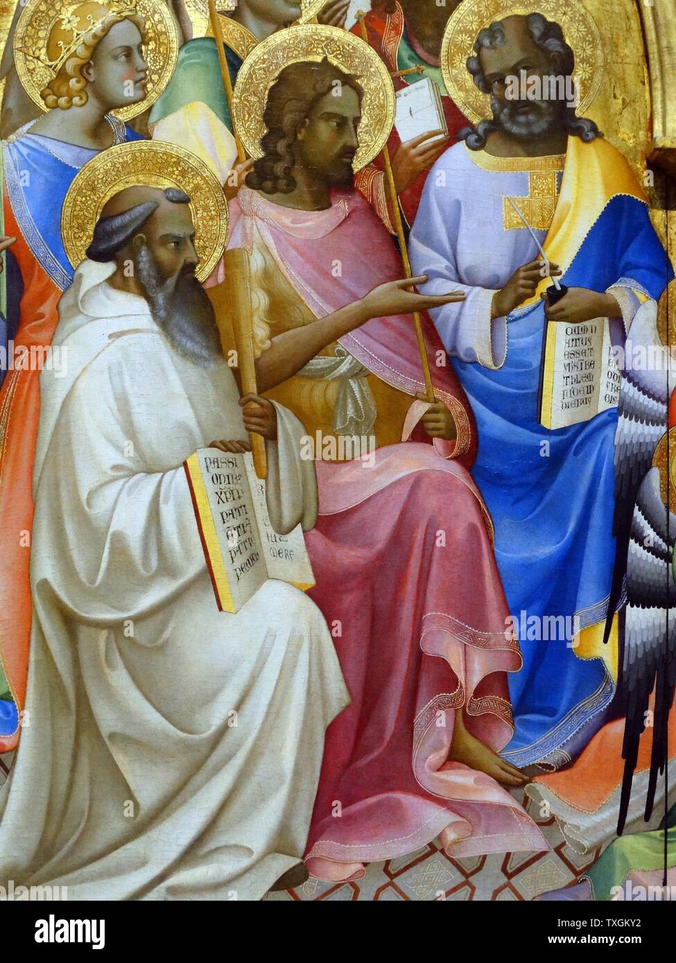 Detail from the painting titled 'The Coronation of the Virgin with Adoring Saints' by Lorenzo Monaco (1370-1425) an Italian painter of the late Gothic-early Renaissance age. Dated 15th Century Stock Photo