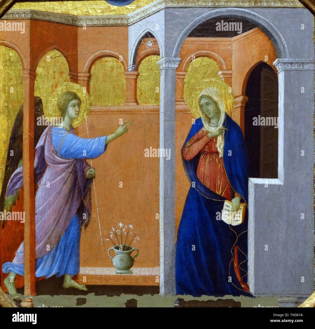 Painting titled 'The Annunciation' by Duccio di Buoninsegna, an Italian ...