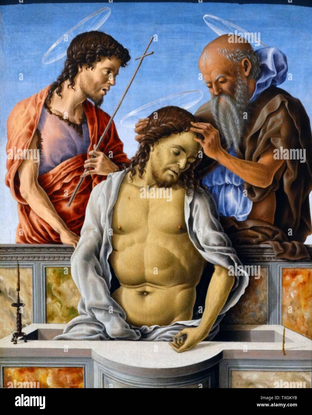Painting titled 'The Dead Christ supported by Angels' by Marco Zoppo (1433-1478) an Italian painter of the Renaissance period. Dated 15th Century Stock Photo