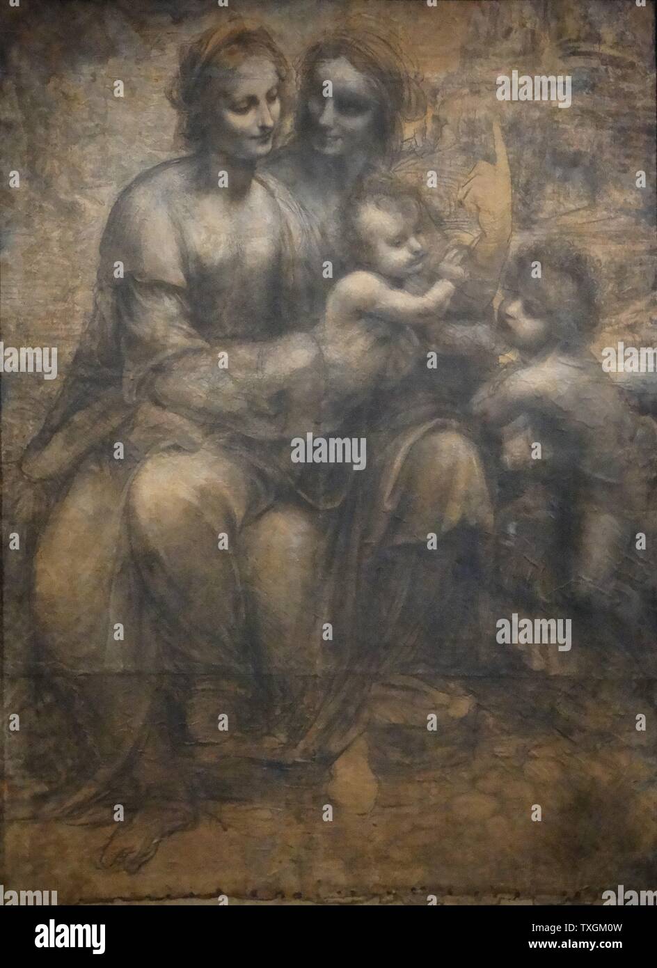 Charcoal and chalk sketch  titled 'The Virgin and Child with Saint Anne and Saint John the Baptist' by Leonardo da Vinci (1452-1519) an Italian polymath, inventor, painter, sculptor; architect, scientist, musician, mathematical, engineer, literature, anatomist, geologist, astronomer, botanist, writer, historian, and cartographer. Dated 16th Century Stock Photo