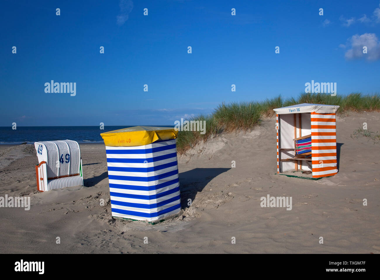 geography / travel, Germany, Lower Saxony, beach tents at southern beach on isle Borkum, East Frisian , Additional-Rights-Clearance-Info-Not-Available Stock Photo