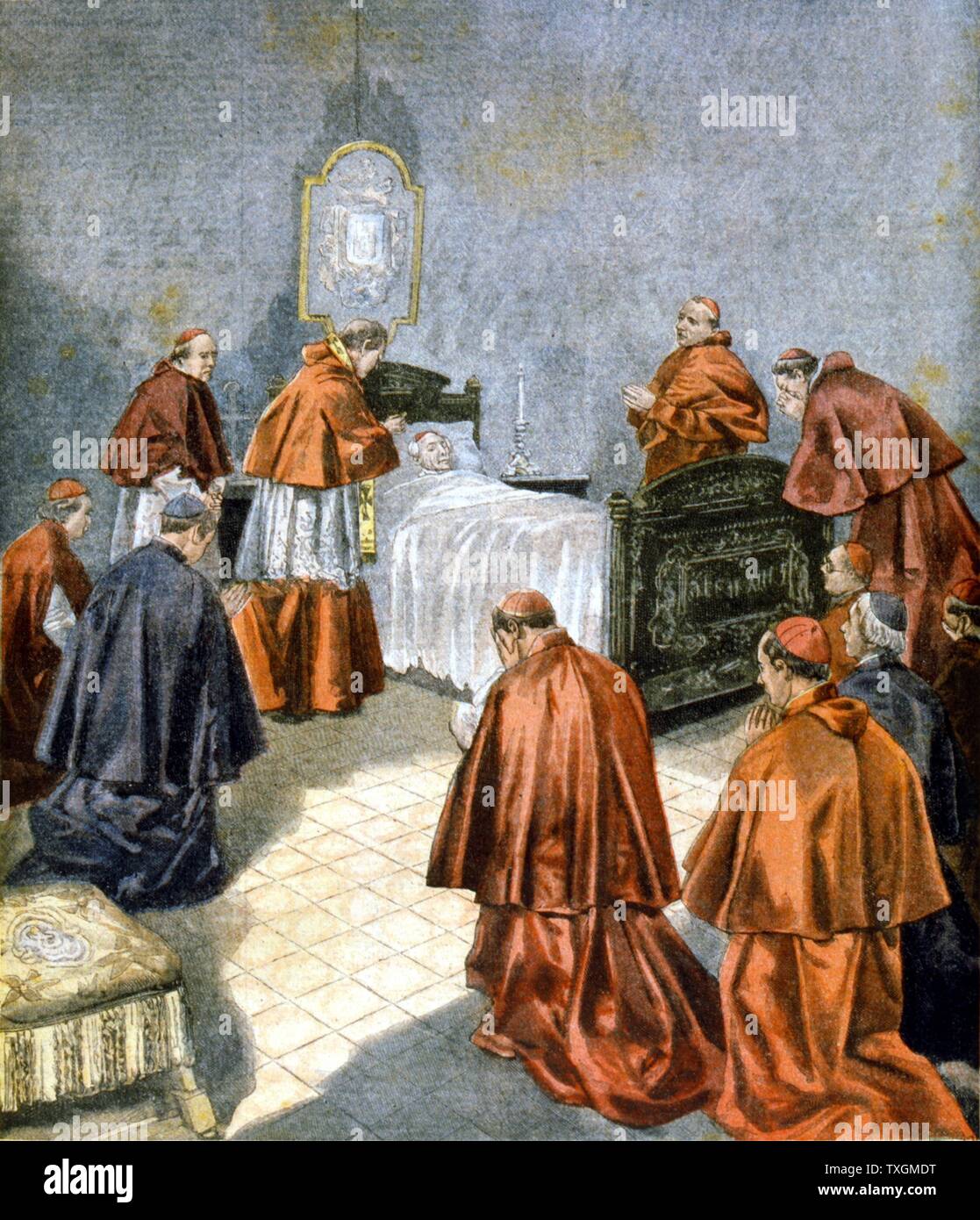 Leo XIII (Leone XIII) (Vincenzo Gioacchino Pecci (1810-1903) Pope from 1878 to 1903, receiving the last rites on his deathbed. From 'Le Petit Journal', Paris, French weekly paper, 19 July 1903 Stock Photo