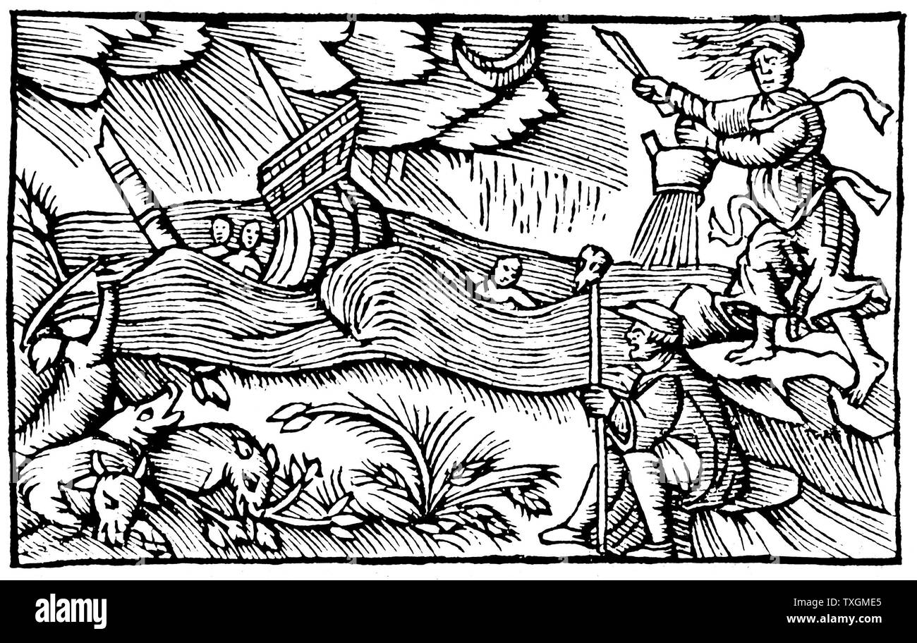 Witch raising a storm From Olaus Magnus 'Historia de gentibus septentrionalibus' 1562 Antwerp Stock Photo