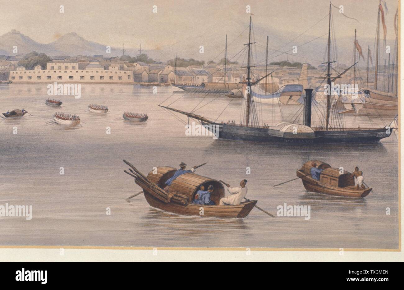 Shanghai harbour c.1875 Shanghai was one of the Treaty Ports established in 1842 for British traders after China's defeat in the first Opium War (1839-1842) From a watercolour Stock Photo