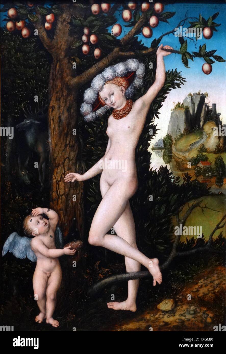Painting titled 'Cupid complaining to Venus' by Lucas Cranach the Elder (1472-1553) a German Renaissance painter and printmaker in woodcut and engraving. Dated 16th Century Stock Photo