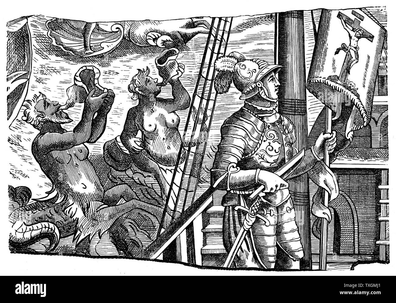 Engraving of an ivory niello showing Christopher Columbus (1451-1506), Genoese explorer, on board his ship during his voyage to America. Ivory niello Stock Photo