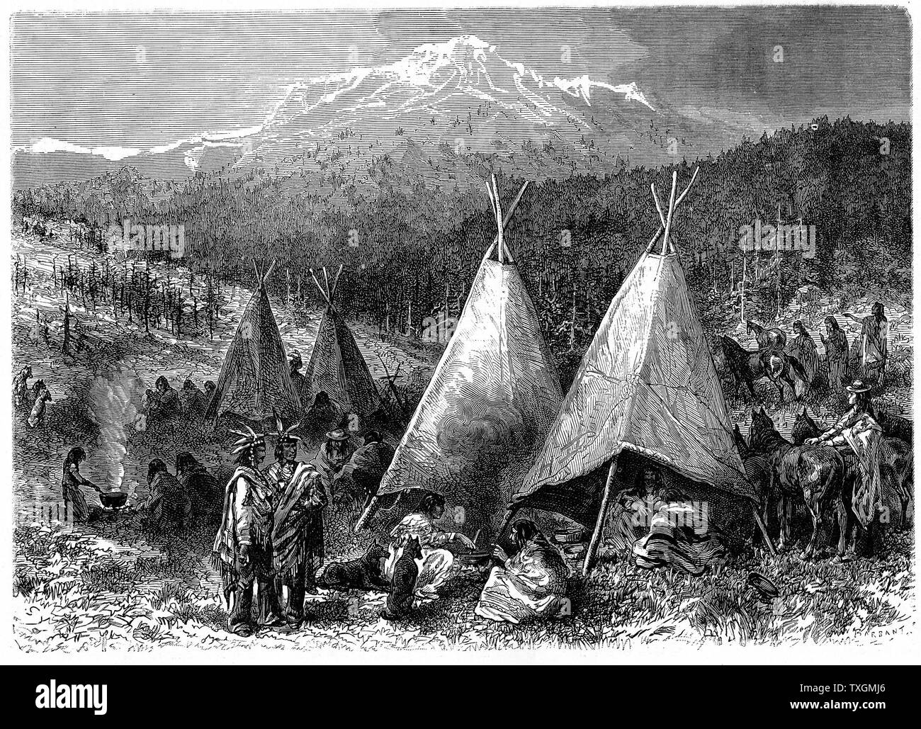 North America Indian encampment in Oklahoma Indian territory. Wood engraving published in Paris, 1889 Stock Photo