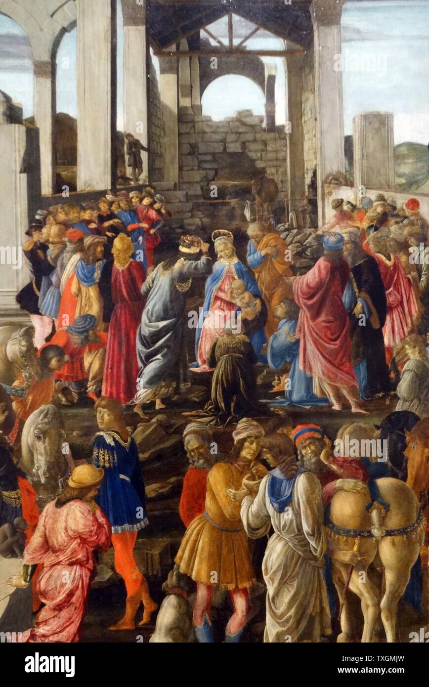 Painting titled 'The Adoration of the Kings' by Sandro Botticelli (1445-1510) an Italian painter of the Early Renaissance. Dated 15th Century Stock Photo