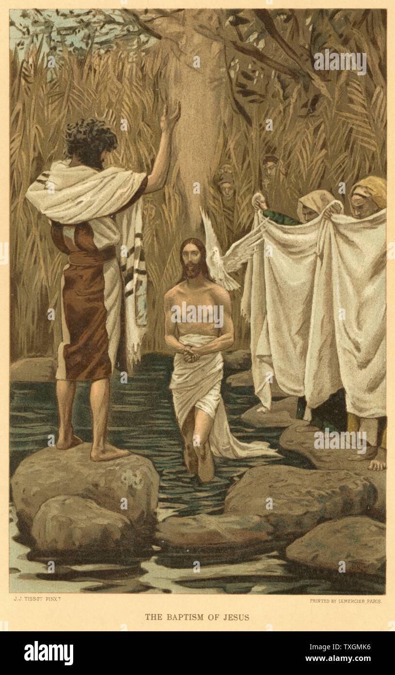 Baptism of Jesus by John the Baptist. Bible, New Testament. From J.J. Tissot 'The Life of our Saviour Jesus Christ' c.1890 Oleograph, colour Stock Photo