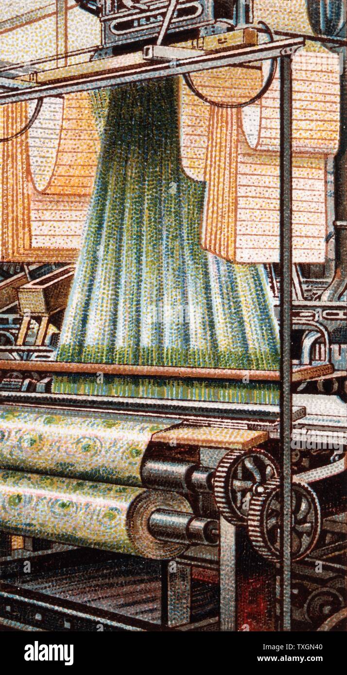 Jacquard Loom. Power operated development of Joseph Marie Jacquard's (1752-1834) invention, showing swags of punched cards on which the pattern to be woven was encoded Chromolithograph, 1915. Colour Stock Photo