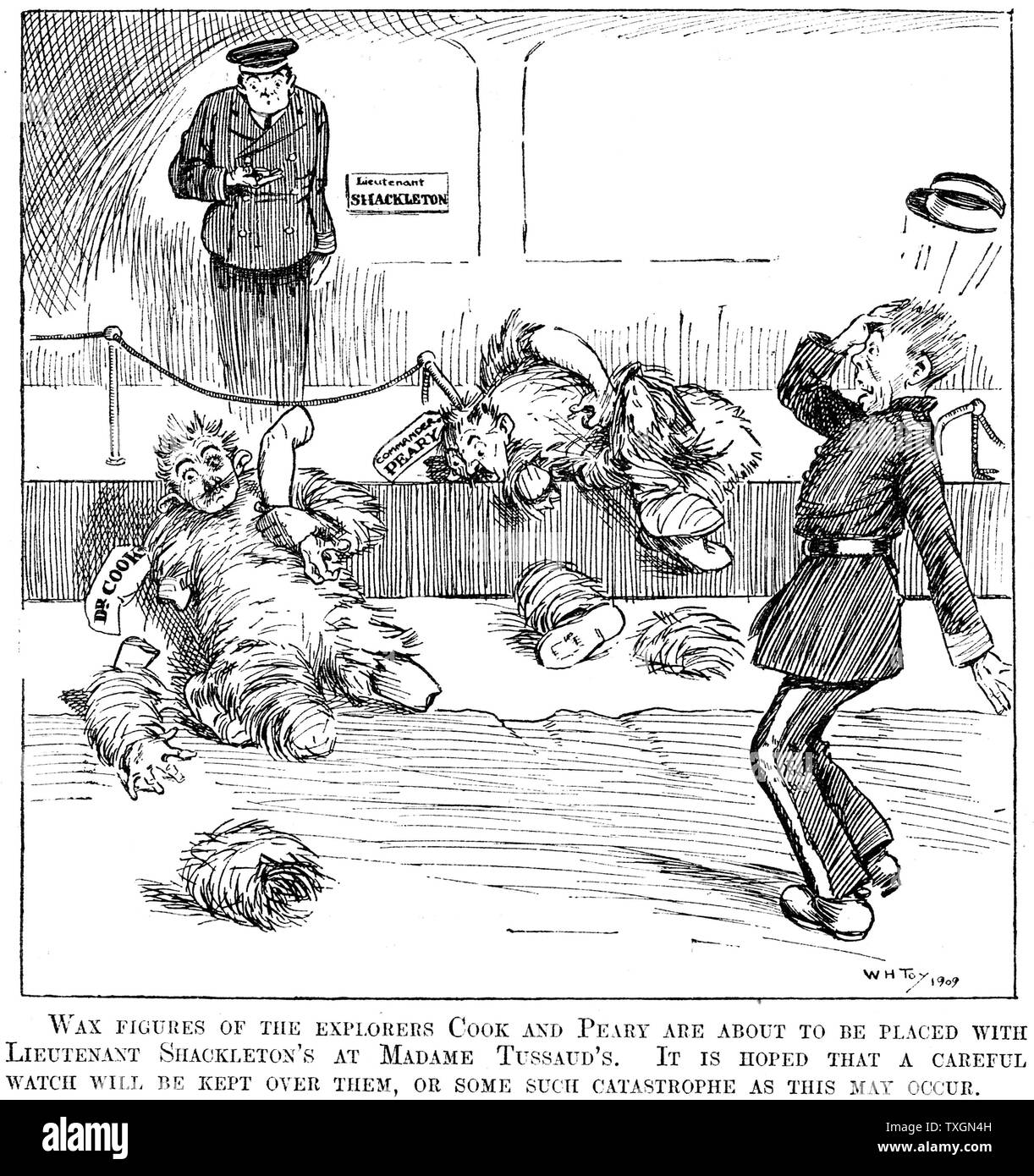 R.E. Peary claimed he had reached North Pole in 1909 at his third attempt. Claim generally accepted. F.A. Cook claimed he had reached it in 1908. Their images were placed in Madame Tussaud's waxworks, London Cartoon from Punch, London, 29 September 1909, hoping they will not come to blows Engraving Stock Photo