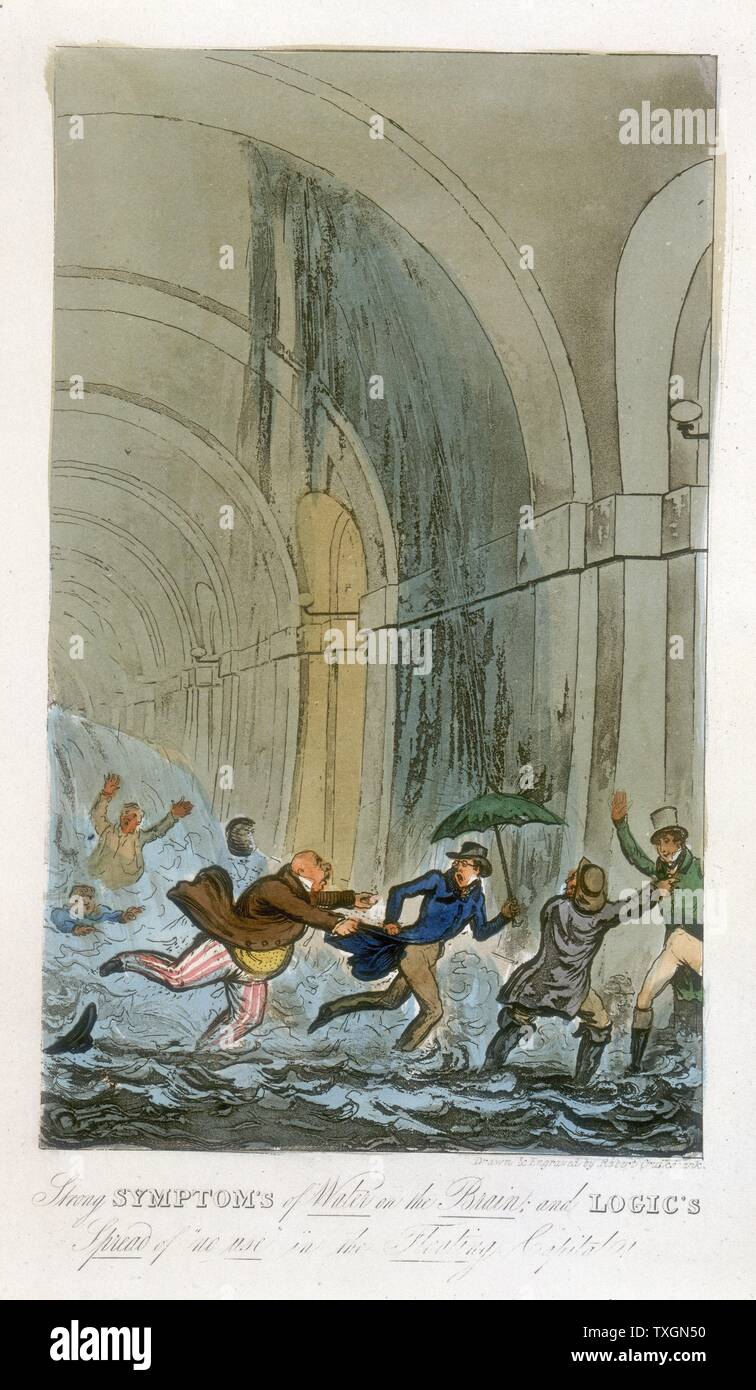 Tom, Jerry and Logic having a narrow escape as water breaks through during visit to the Thames Tunnel workings Illustration by Robert Cruikshank for 'The Finish to the Adventures of Tom, Jerry and Logic', London, 1828. On 12 January 1828 6 men were drowned in the tunnel and the site engineer, I.K.Brunel only just escaped Aquatint Stock Photo