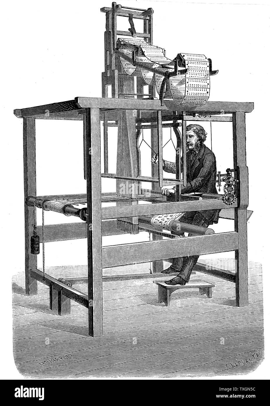 Jacquard loom, with swags of punched cards from which pattern was woven Engraving published Paris, 1876 Stock Photo