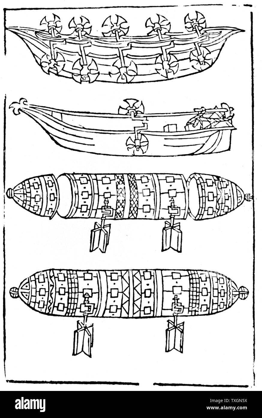 Various forms of paddle boats for use in war. The bottom 2 are submarines From Valturio 'De re militari', 1483 Woodcut Stock Photo