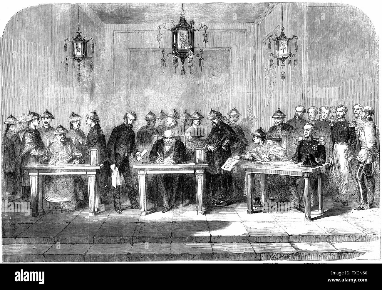 Second Opium War. Lord Elgin (1811-63), left, signing the Treaty of Tainjin which brought to a formal end the Second Opium War between Britain and China, 16 June 1858.  Tainjin: modern Tientsin. Contemporary woodcut. Stock Photo