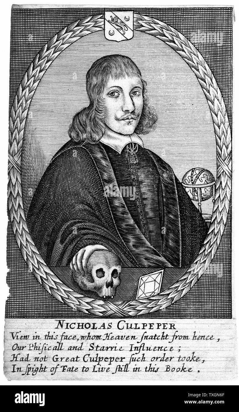 Nicholas Culpeper (1616-54) English physician, herbalist and astrologer  Frontispiece from his 'School of Physick'showing him with hand on a skull and with blank horoscope chart. Copperplate engraving Stock Photo