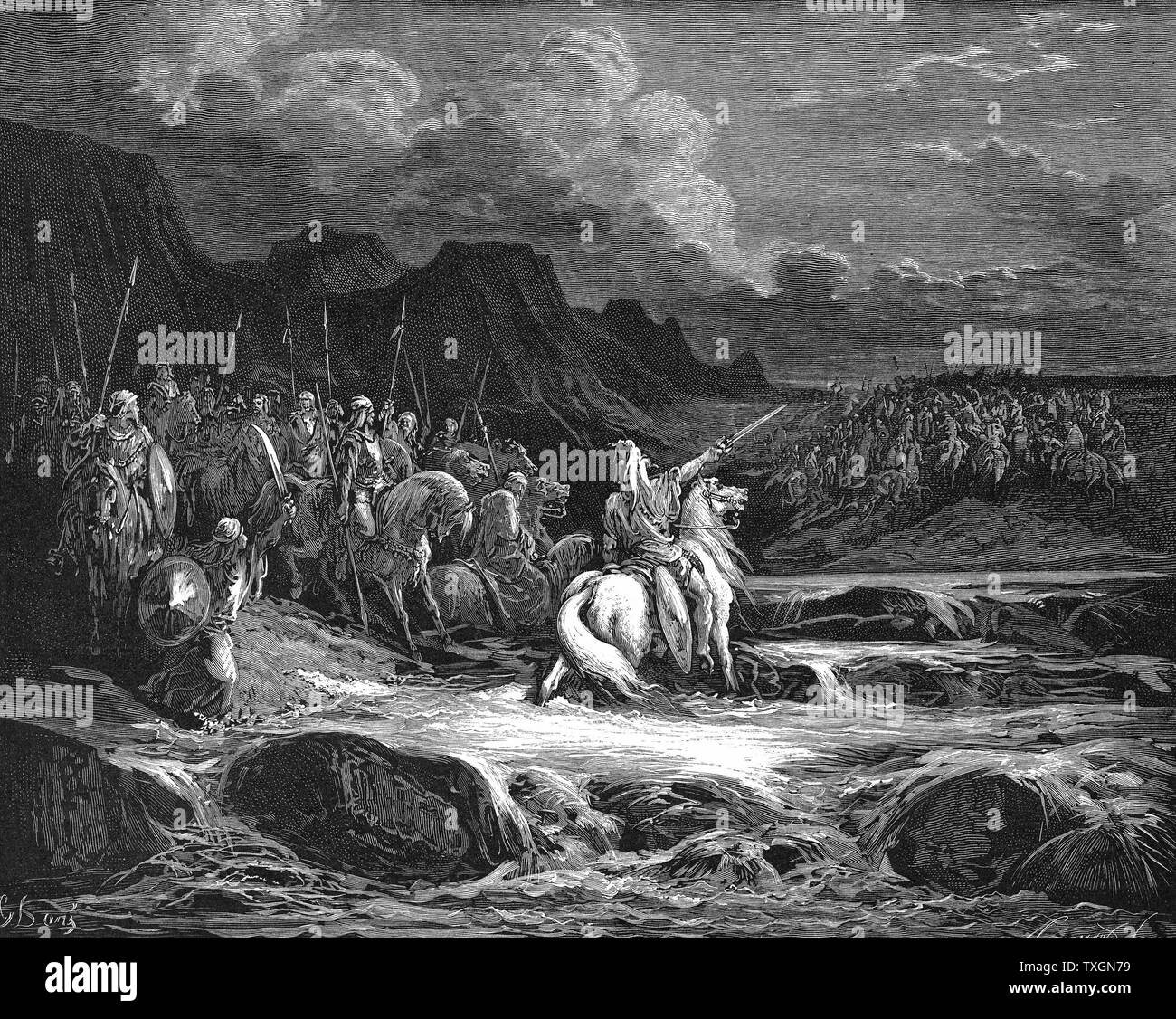 Judas (Jehudah) Maccabaeus (Maccabee), leader of the Jews from 166 BC leading his army into battle. 1 Maccabees 5. From Gustave Dore's illustrated 'Bible', 1866.  Wood engraving Stock Photo