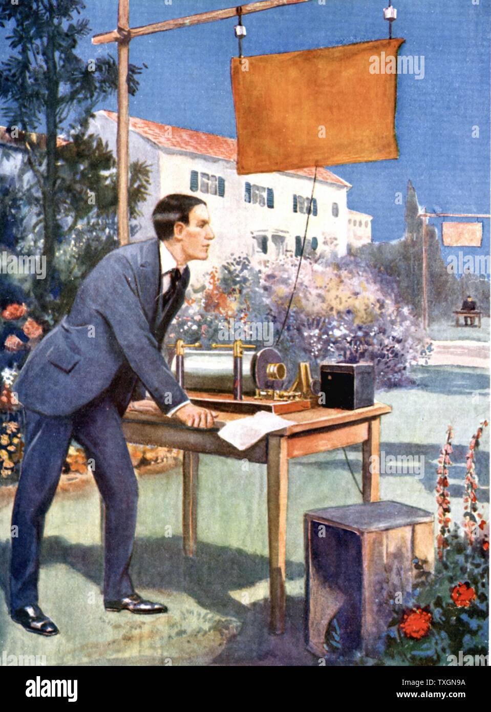 Guglielmo Marconi (1874-1937) Italian physicist and inventor. Radio pioneer. Artist's impression of  Marconi as a young man experimenting in his father's garden at Bologna. Halftone. Stock Photo