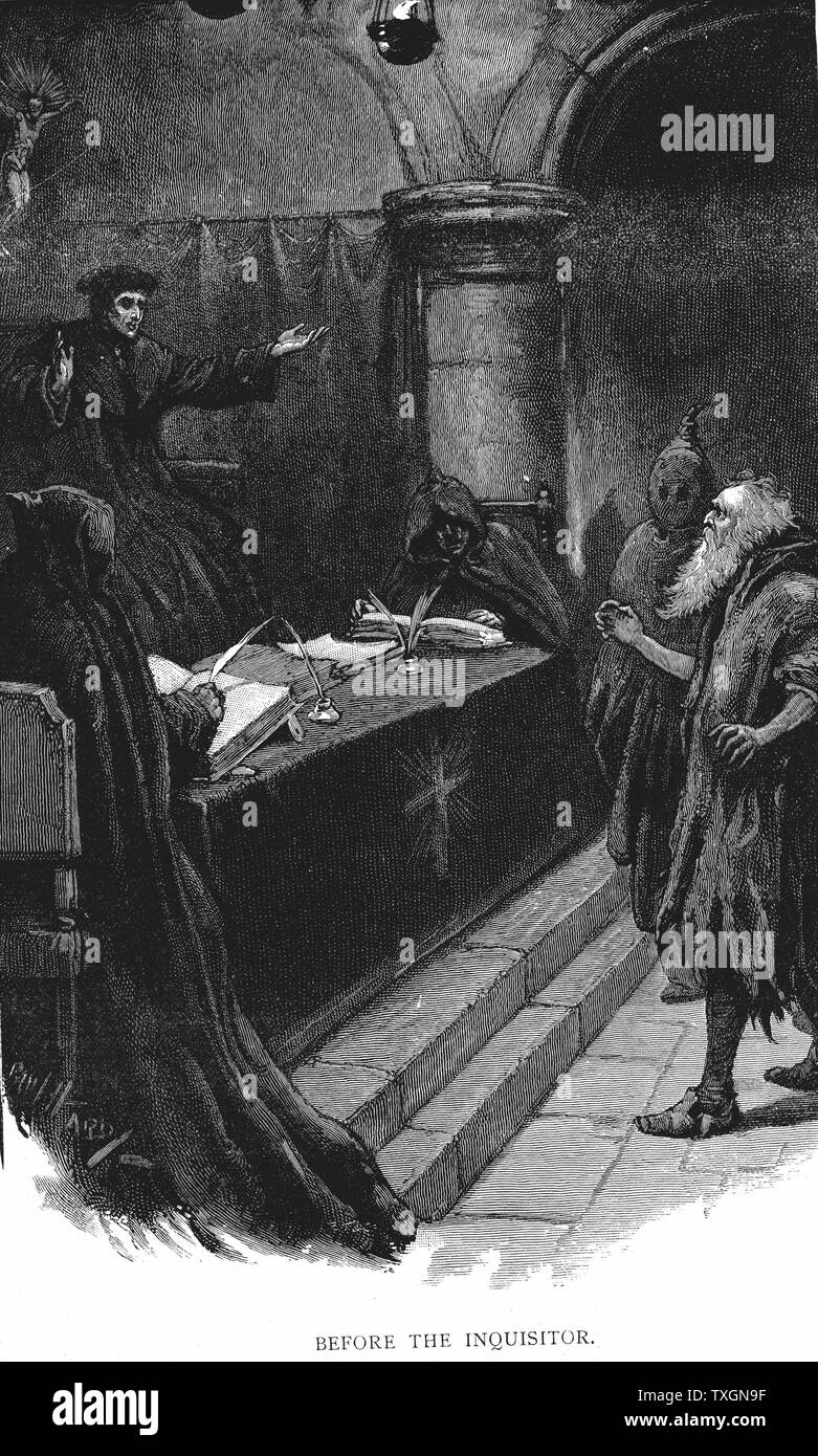Spanish Inquisition (late 15th century). Spanish Jew before Grand Inquisitor. Illustration by Paul Hardy  for 'The Saving of Karl Reichenberg', story by Arthur Page, London 1891. 'Saving'  meant dying and saving the soul for god. Wood engraving Stock Photo