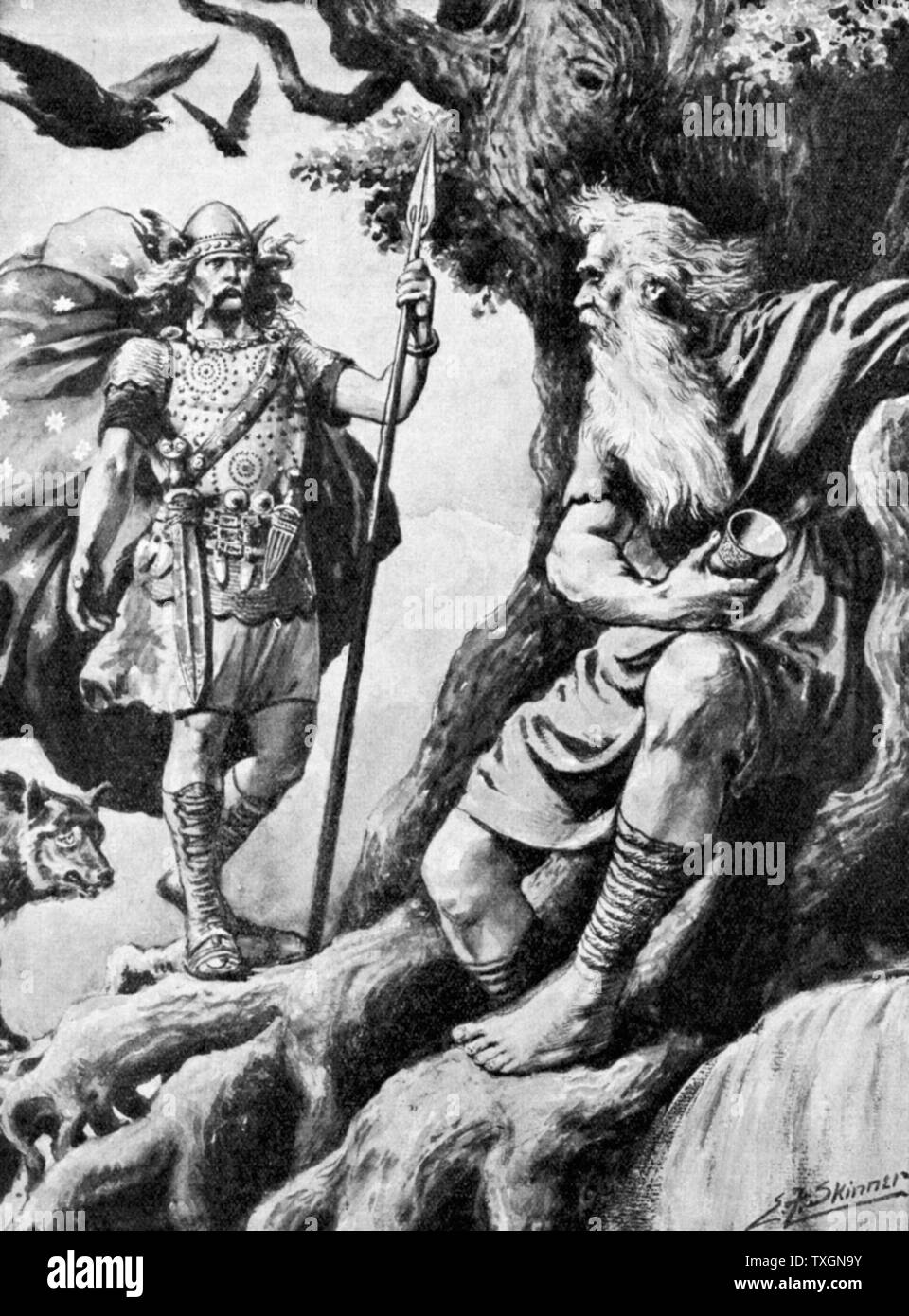 Odin or Wotan. One of principal gods of Norse mythology. God of War. Here he seeks wisdom to make him all-powerful. For this he sacrifices one eye. With him are the ravens Huggin (Thought) and Muninn (Memory). Halftone c1900. Stock Photo
