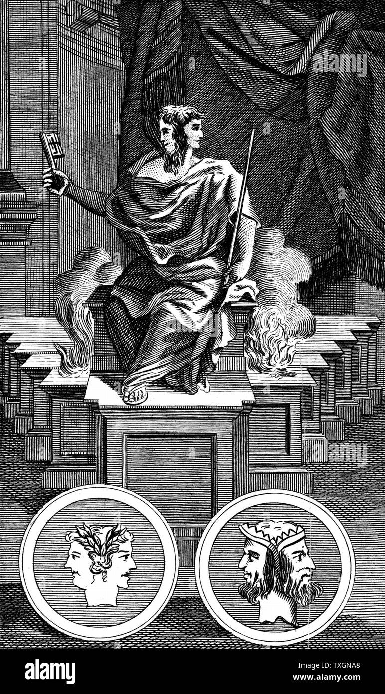 Janus: Two-faced Roman god, keeper of the gate of heaven. Copperplate engraving 1798 Stock Photo