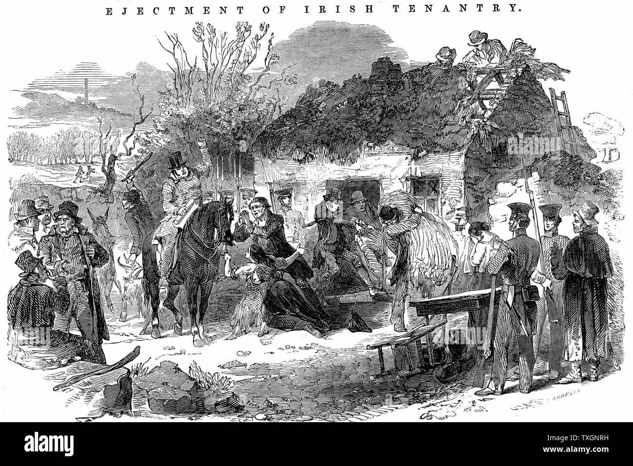 Potato Famine: Irish peasant family unable to pay rent because of failure of potato crop due to blight,  evicted from their tumbledown cottage. From 'The Illustrated London News' December 1848.  Wood engraving Stock Photo