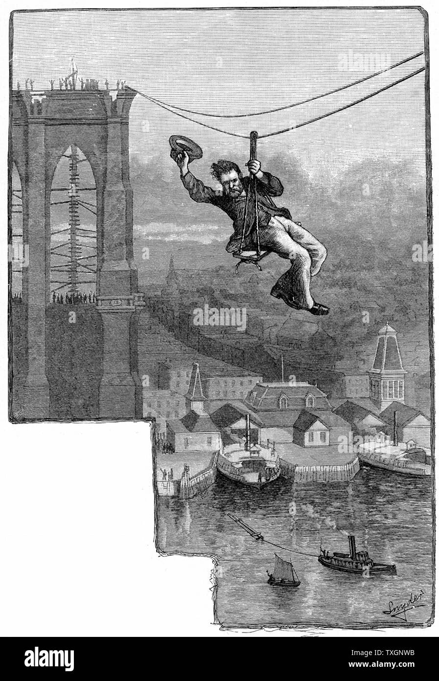 Brooklyn Suspension Bridge, New York:  E.F. Farrington, master mechanic on the bridge, testing the first span of wire cables.  Wood engraving published 1883, the year the bridge opened. Designed and built by J.A. and W.A. Roebling. Stock Photo