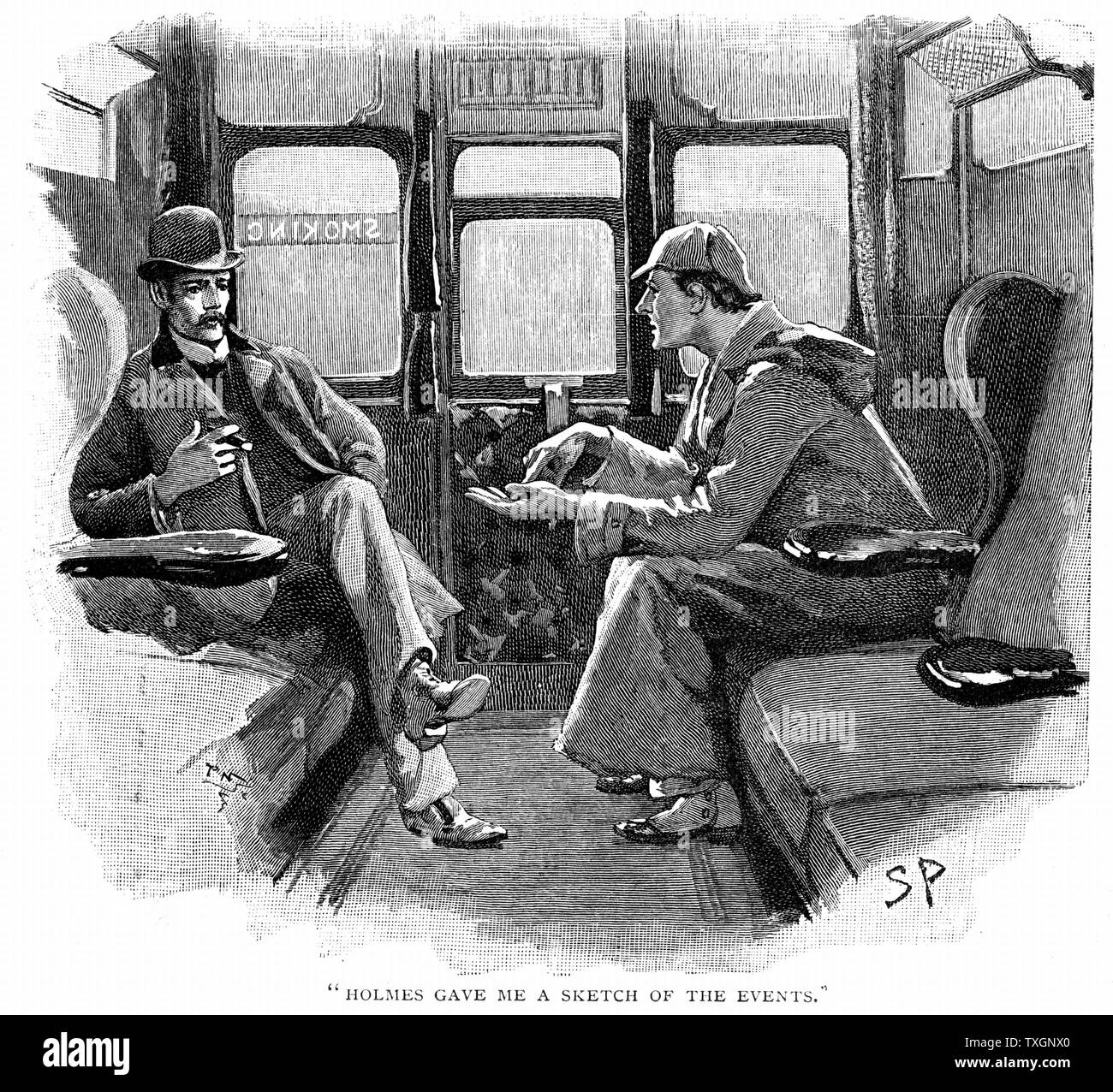 The Adventure of Silver Blaze':  'Holmes gave me a sketch of the events'.  Sherlock Holmes and Dr Watson on train to Devon to investigate a murder and the disappearance of a famous racehorse.  Arthur Conan Doyle's story published in 'The Strand Magazine', London, 1892, illustrated by Sidney E. Page, first artist to draw Sherlock Holmes. Engraving Stock Photo