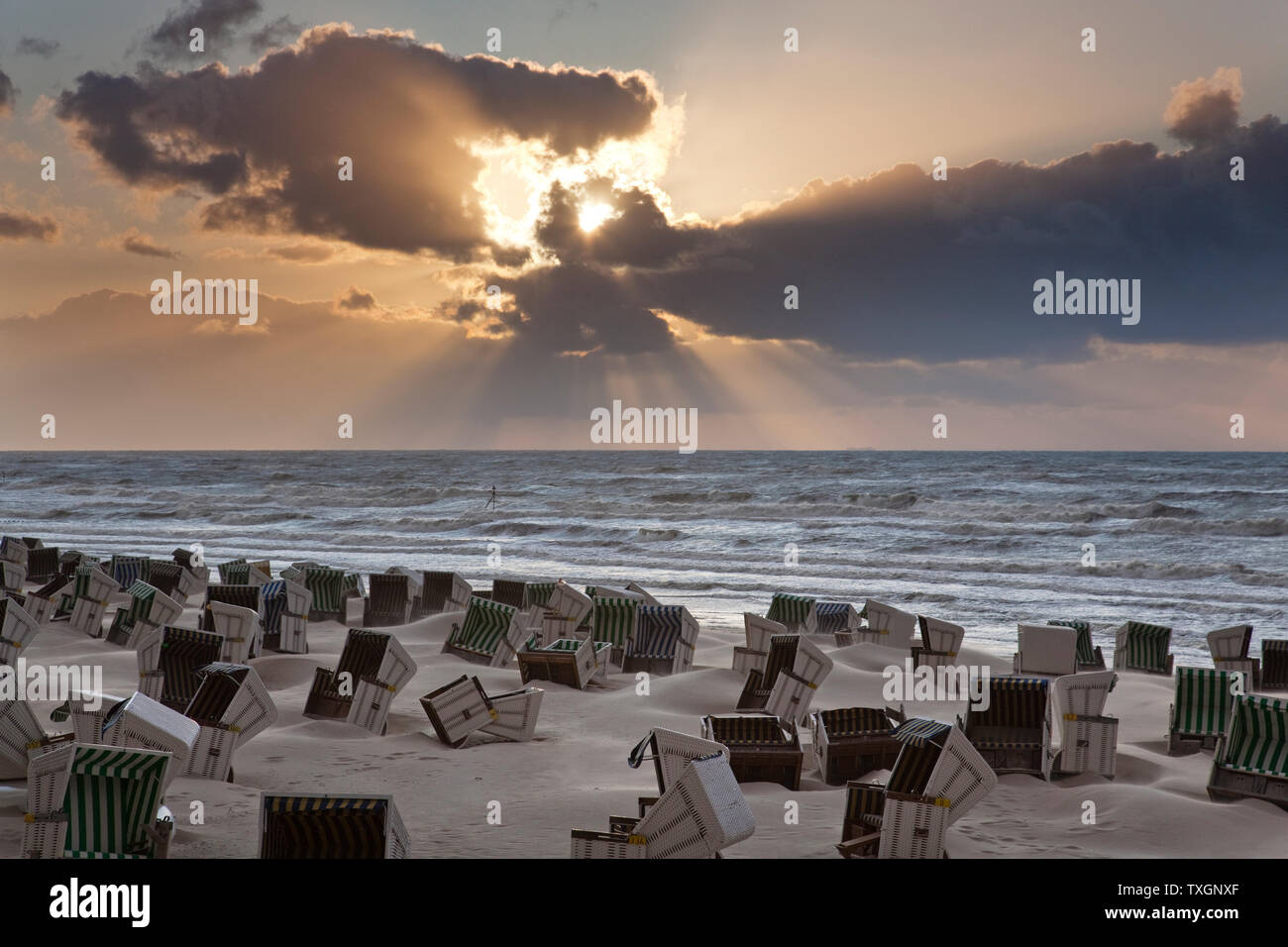 geography / travel, Germany, Lower Saxony, sunset on the beach, Wangerooge Isle, East Frisian Islands, Additional-Rights-Clearance-Info-Not-Available Stock Photo