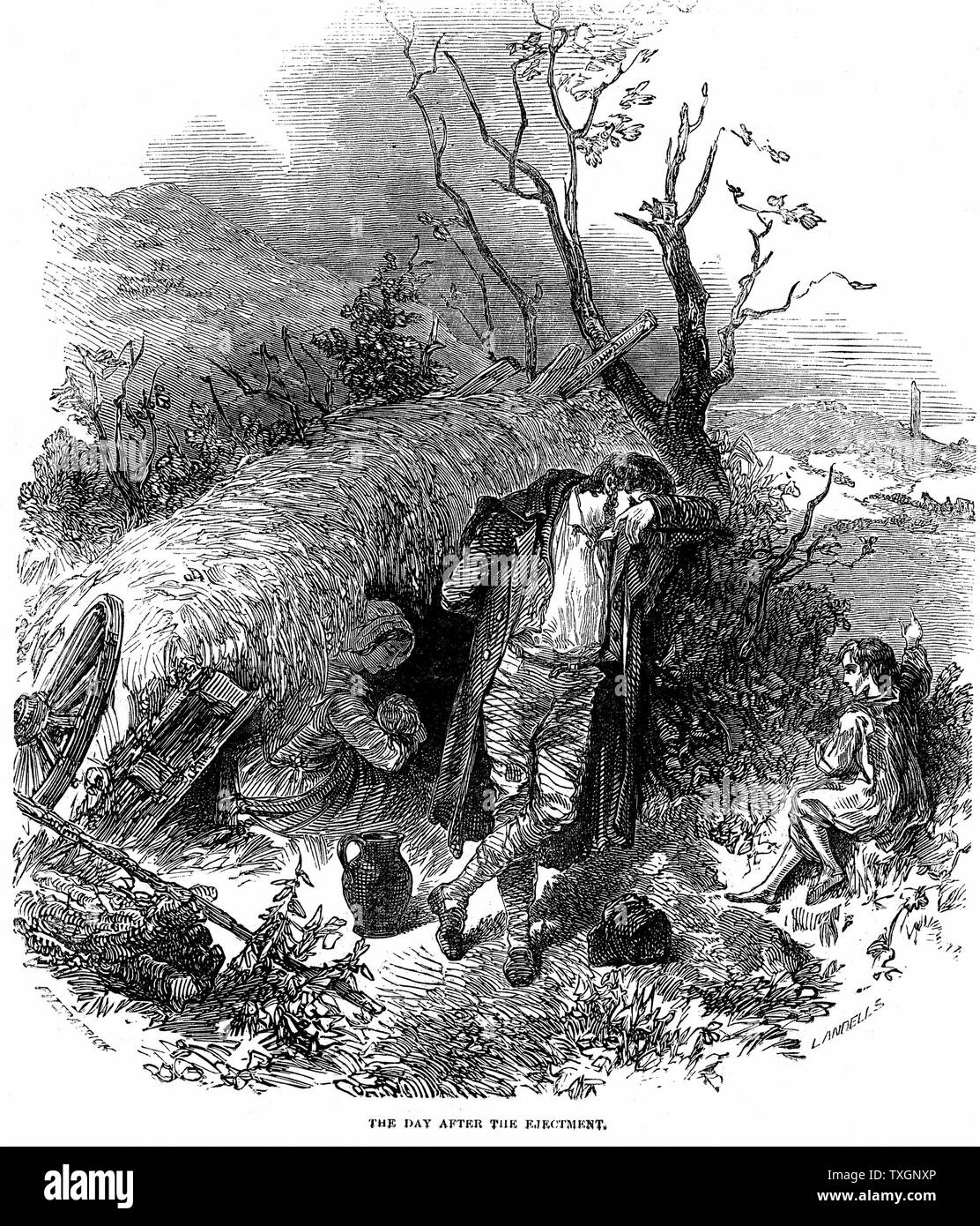 Potato Famine: Irish peasant family unable to pay rent because of failure of potato crop due to blight, finding shelter in a hedgerow the day after eviction from their cottage.  From 'The Illustrated London News', December 1848. Wood engraving. Stock Photo