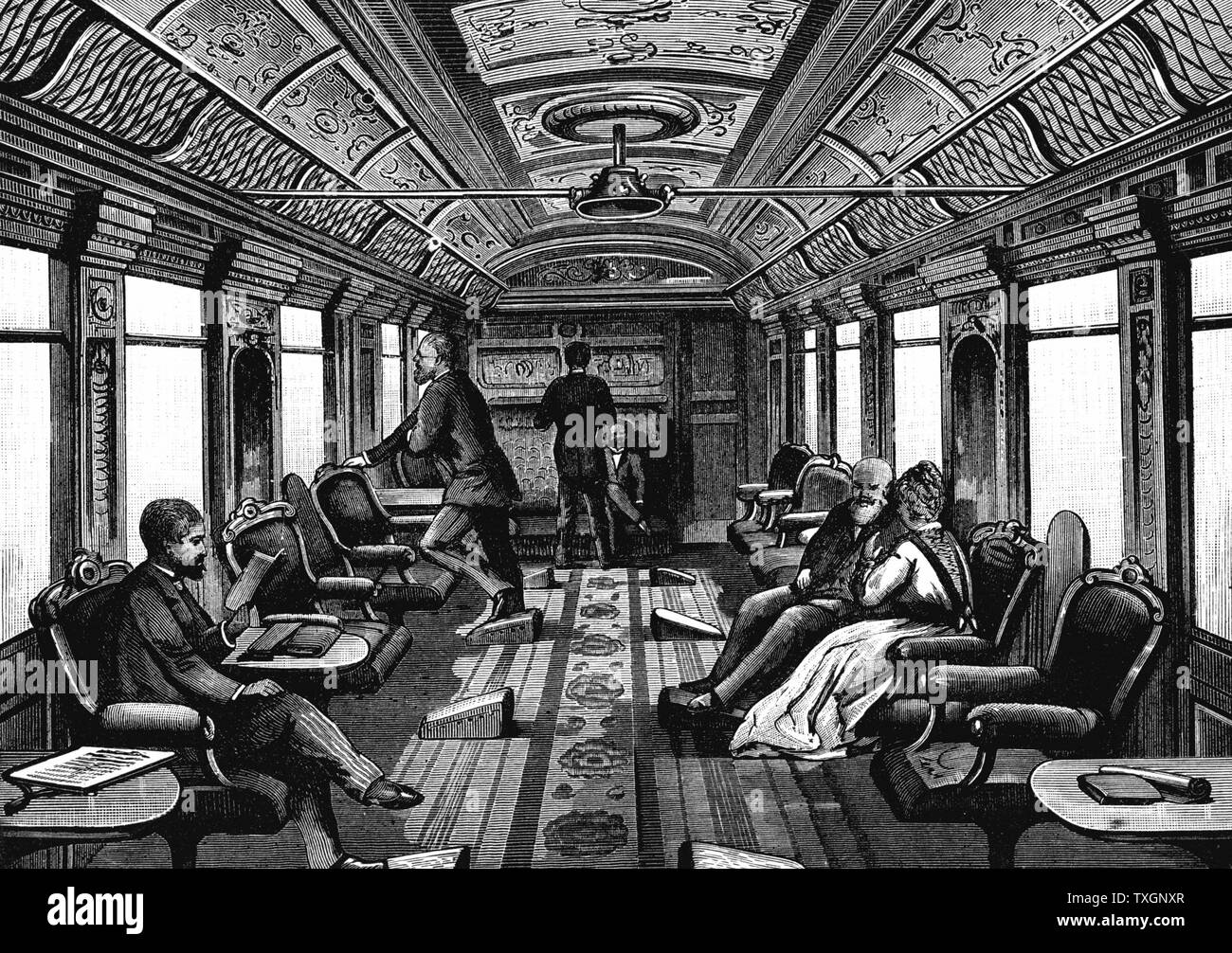 Saloon car on the Orient Express. c. 1895 Wood engraving Leipzig Stock Photo