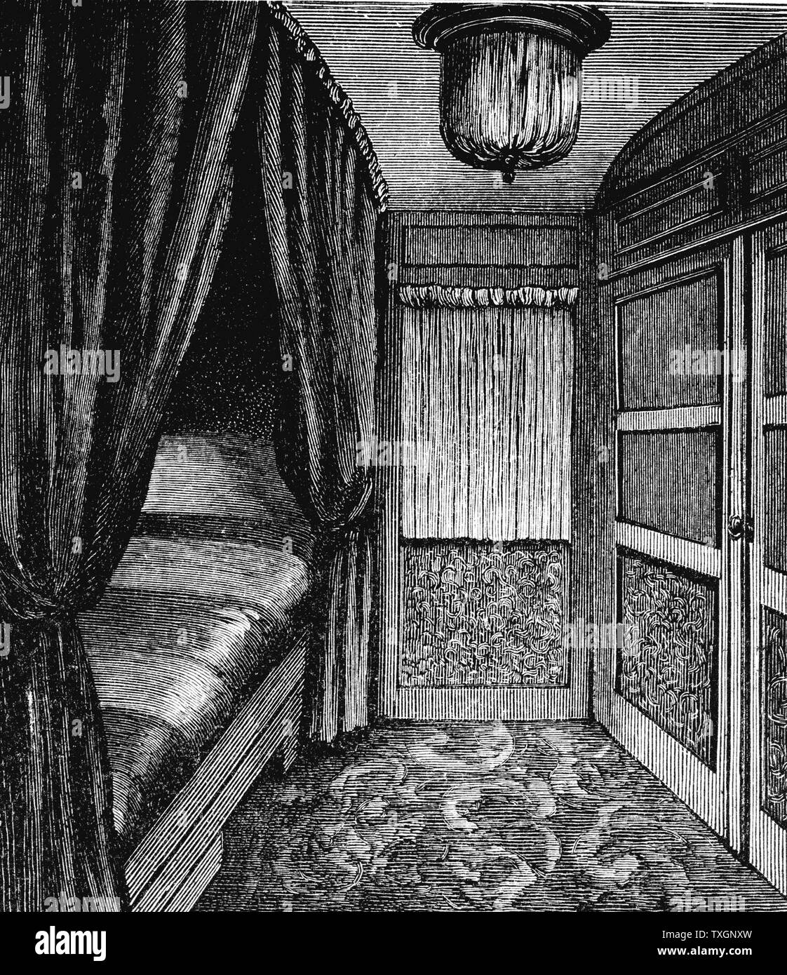 Sleeping compartment on the Orient Express.  c.1895 Wood engraving  Leipzig Stock Photo