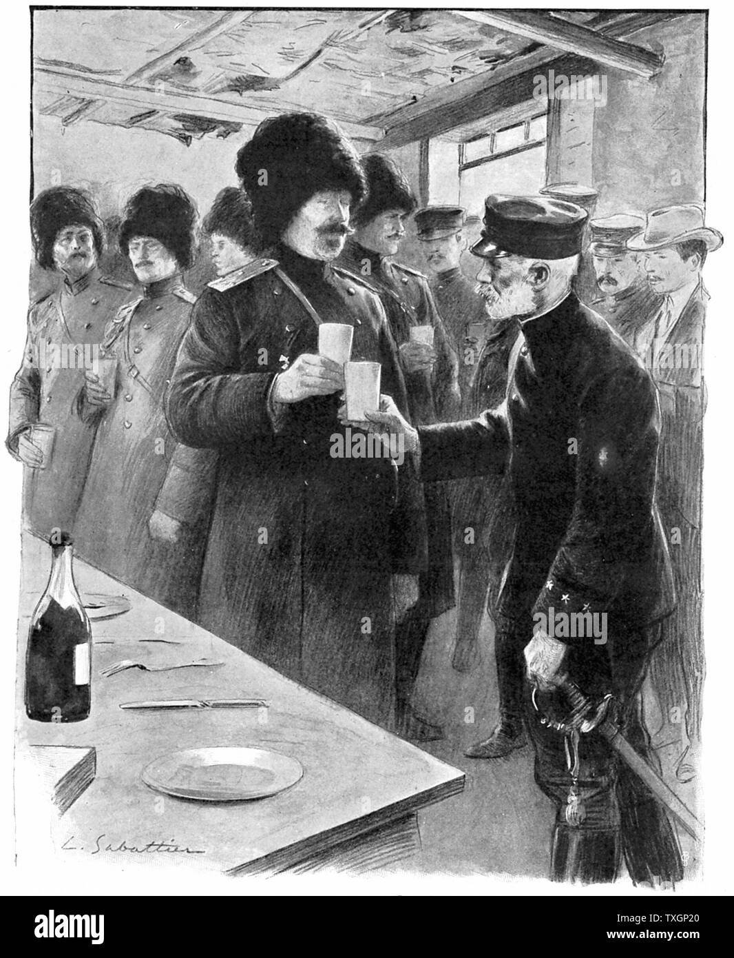 Russo-Japanaese War: Generals Stoessel (Russian) and Nogi (Japanese) sharing a toast after arranging terms for Russian capitulation of Port Arthur, 27 January 1905 Stock Photo