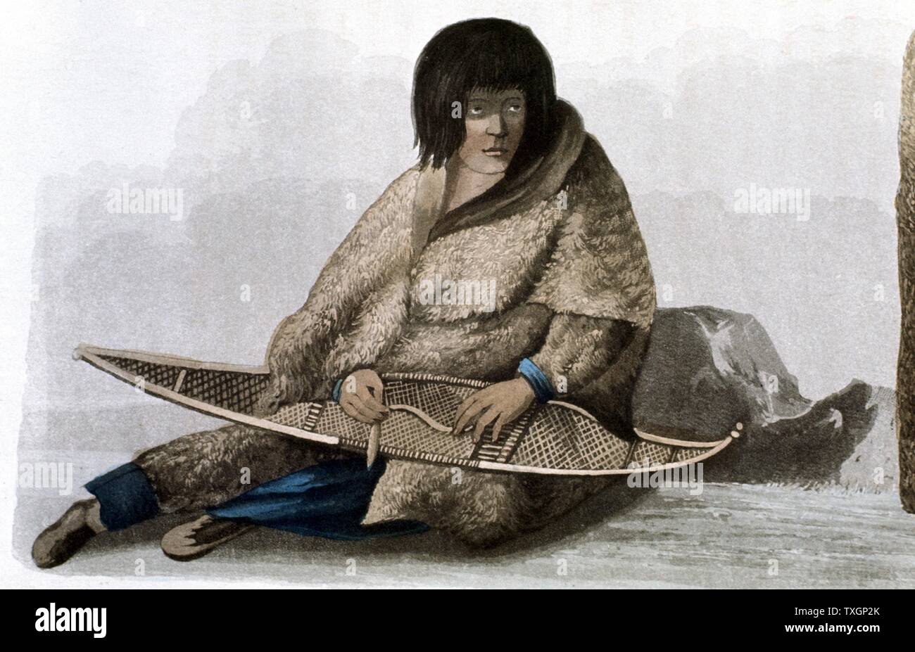 Copper Indian girl mending snow shoe 1823 Coloured lithograph From John Franklin 'Narrative of a Journey to the Shores of the Polar Sea' London Stock Photo