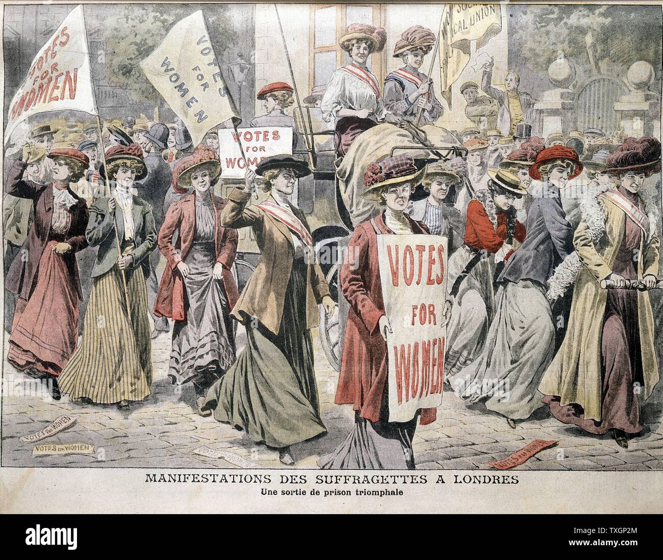 English suffragettes Edith New and Mary Leigh being carried triumphantly through London streets after being released from Holloway Prison, 22 August 1908.  6 September 1908 From 'Le Petit Journal' Paris Stock Photo