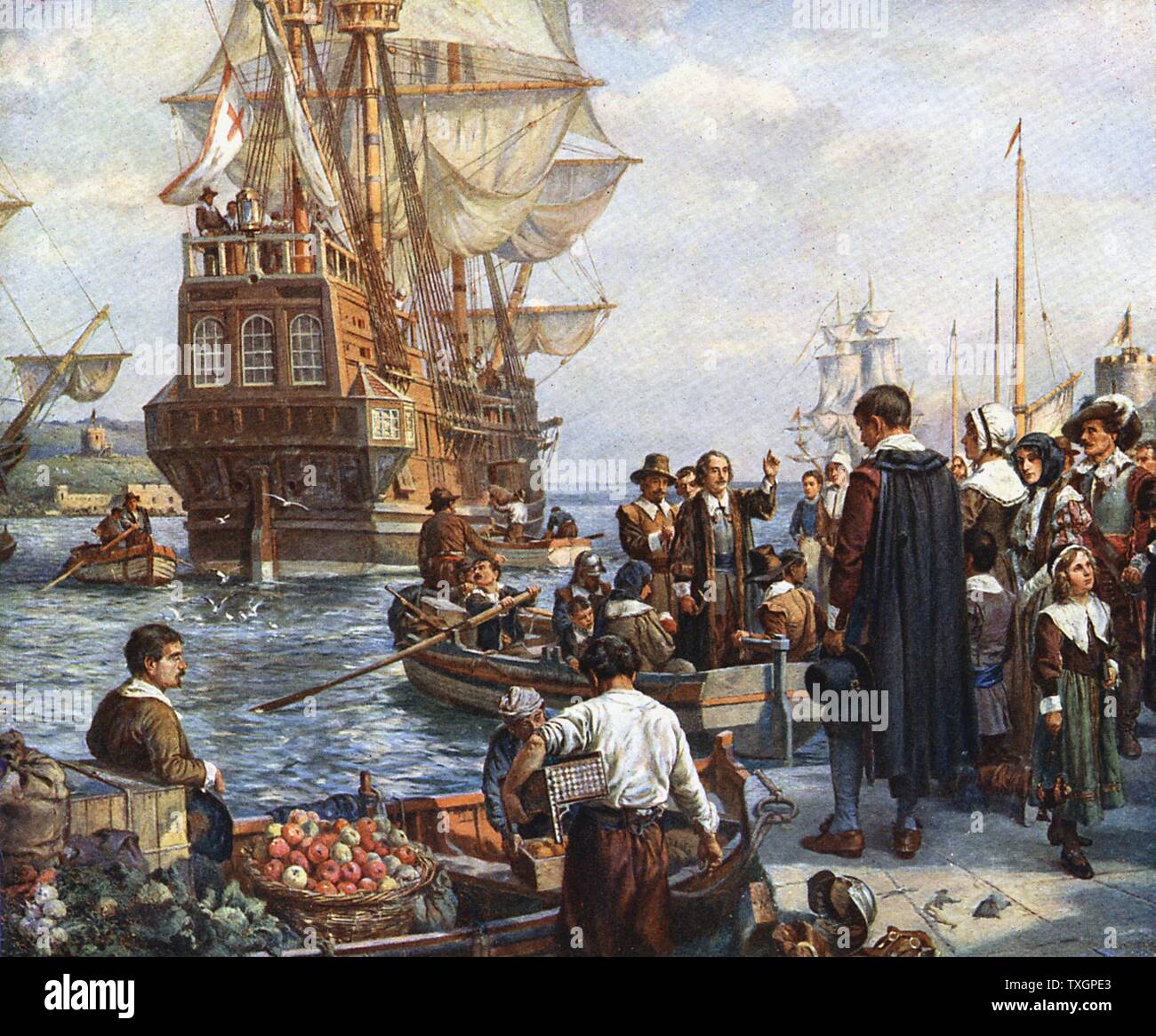 The Pilgrim Fathers boarding the 'Mayflower' for their voyage to America. After painting by Bernard Gribble. Stock Photo