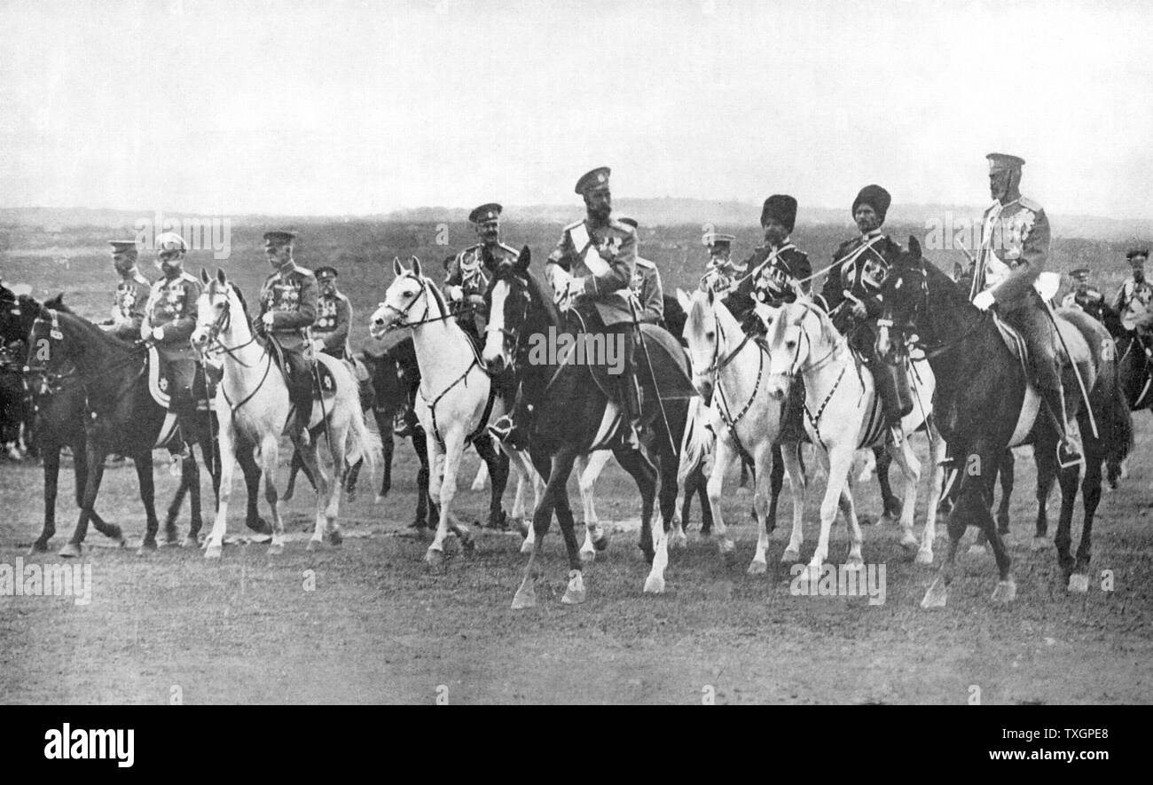 Nicholas II (1868-1919) Tsar of Russia from 1894, on horseback, supported by his Staff officers Stock Photo
