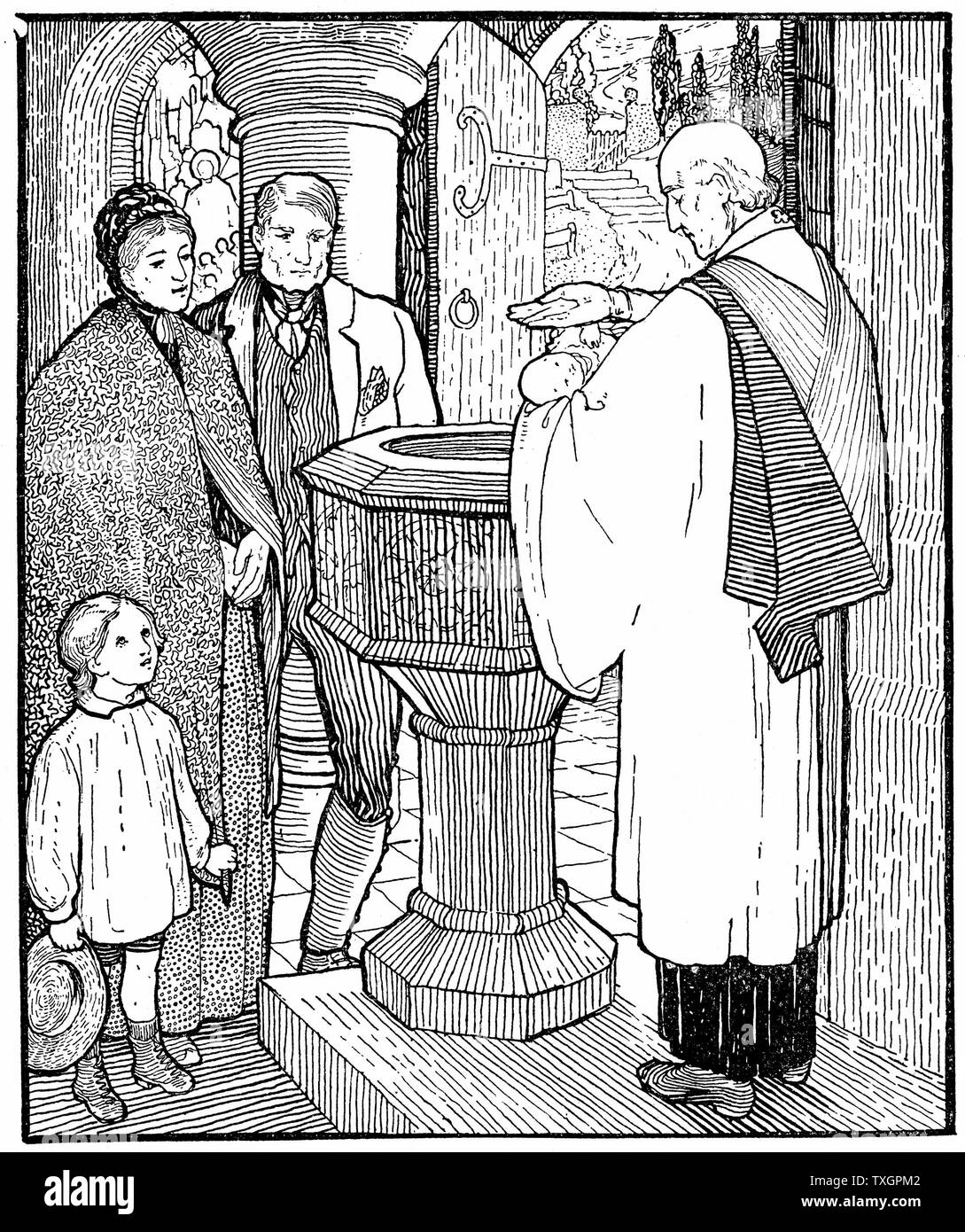 Artisan family having their child baptised.  Priest at font makes sign of cross with water on infant's head while mother, father and sibling look on. Illustation for the poem 'Holy Baptism' by Mrs Cecil Frances Alexander (nee Humphreys) 1818-1895, English writer. Produced tracts for the Oxford (Tractarian) Movement. Author of hymn 'There is a green hill far away' 1904 Woodcut Stock Photo